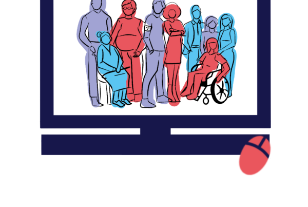 Illustration eines Bildschirms mit einer vielfältigen Gruppe von Menschen, darunter eine Person im Rollstuhl – Sinnbild für digitale Barrierefreiheit
