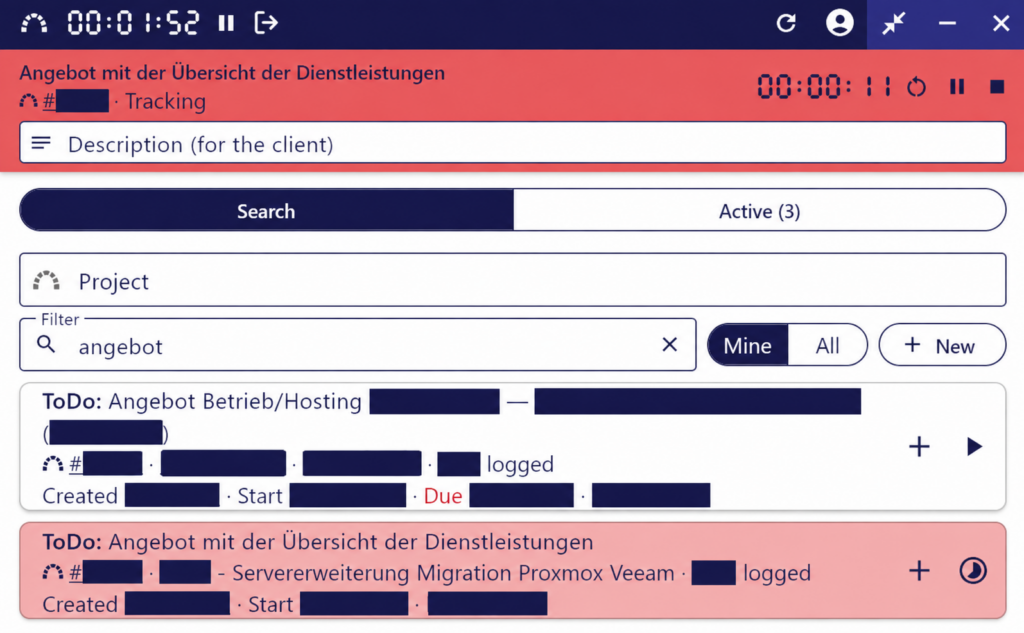 Logbook-Oberfläche mit laufender Zeiterfassung, Suche und Ticketübersicht