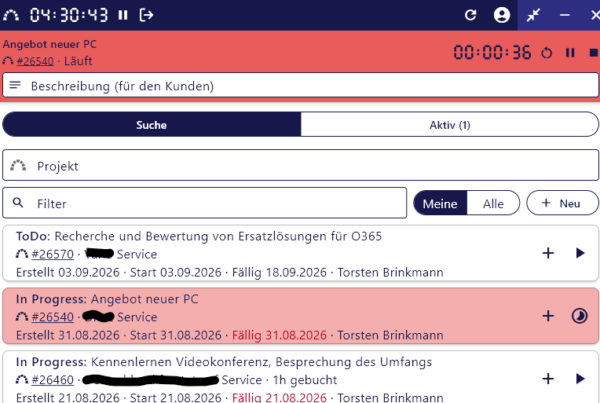 Logbook-Oberfläche mit laufender Zeiterfassung, Suche und Ticketübersicht