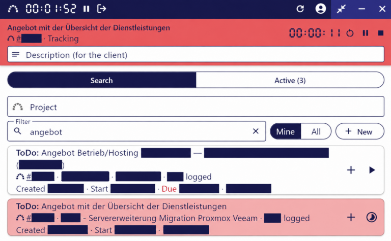 Logbook-Oberfläche mit laufender Zeiterfassung, Suche und Ticketübersicht