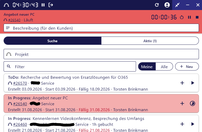 Logbook-Oberfläche mit laufender Zeiterfassung, Suche und Ticketübersicht